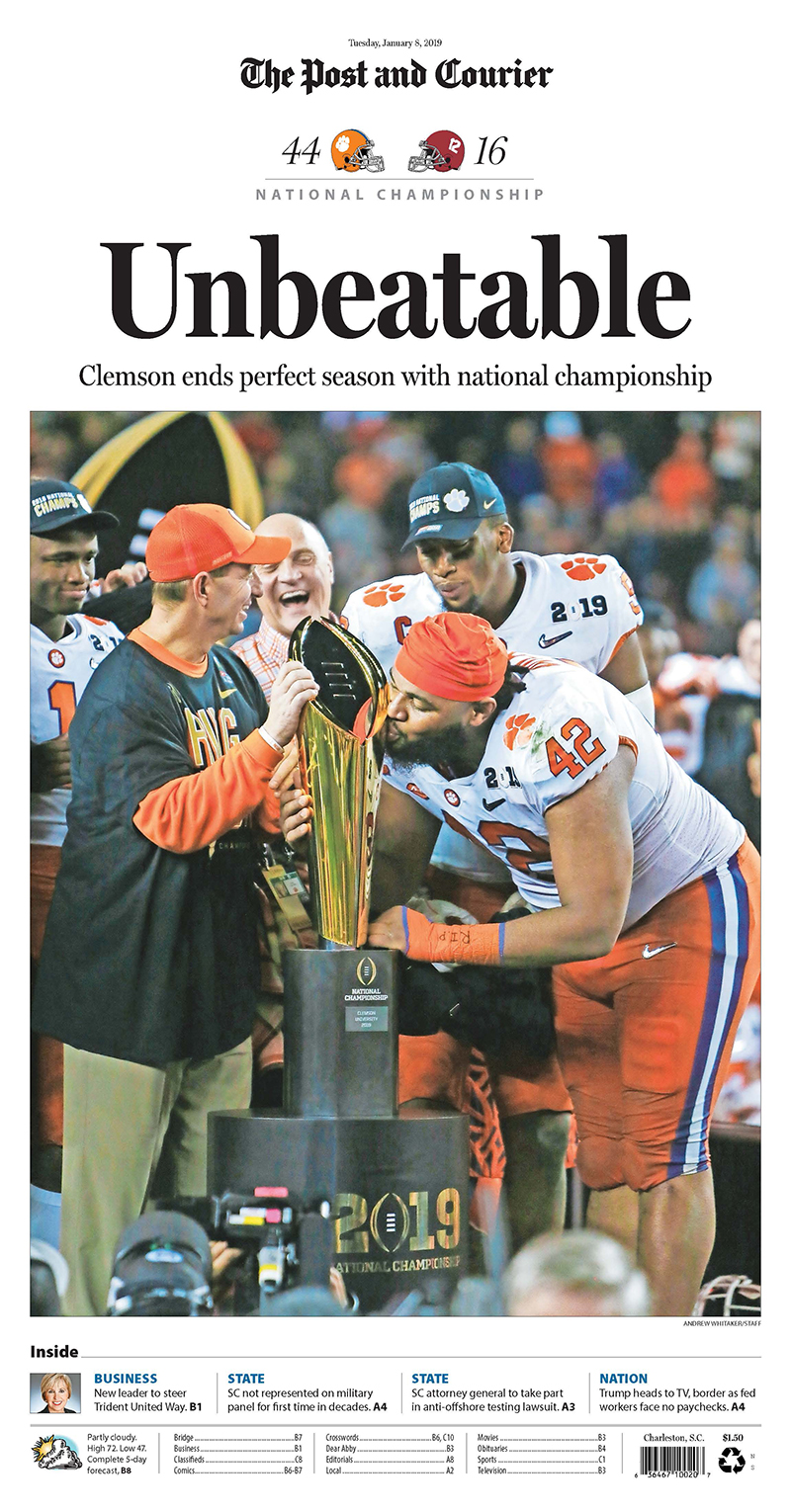 The Post and Courier Clemson NCAA 2018 National Football Championship Front Page Poster