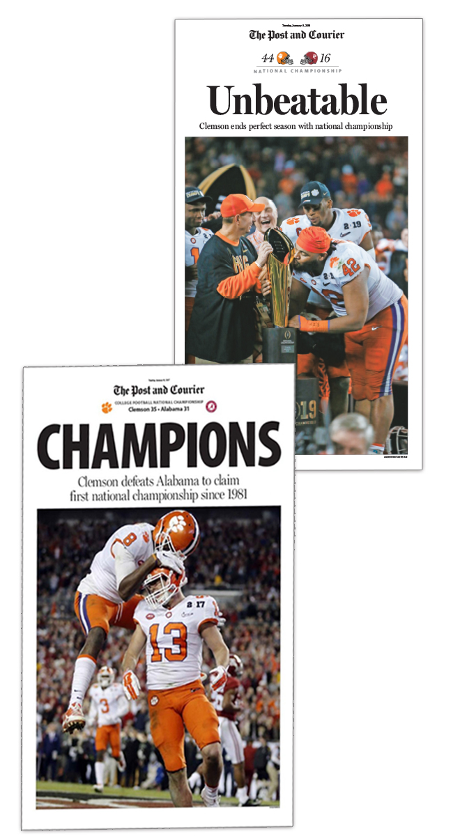 The Post and Courier Clemson NCAA 2018 & 2016 Championship Front Page Posters